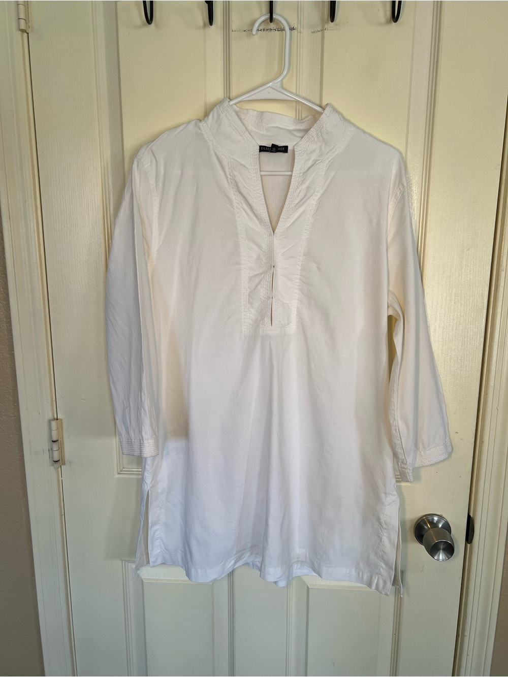 Eileen Fisher White Linen Blend Split Neck Tunic  Large Minimalist Lagenlook